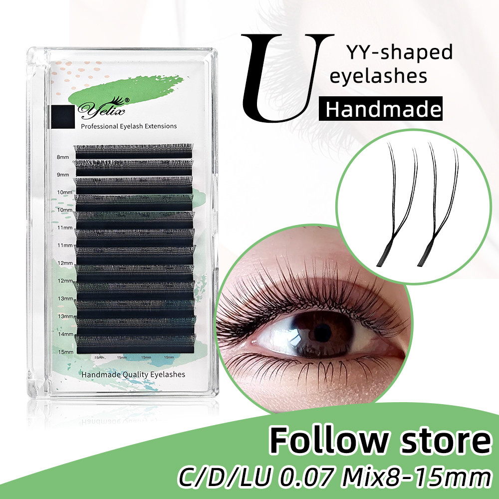 Yelix U รูปร่าง YY ขนตาปลอมเคล็ดลับคู่ 2D YY ขนตาธรรมชาติ Soft Premade พัดลม Lashes