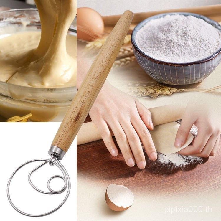 43 ซม.Oak Handle Whisk Whisk เครื่องผสมแป้ง เครื่องผสมแป้งสแตนเลส Coil Whisk