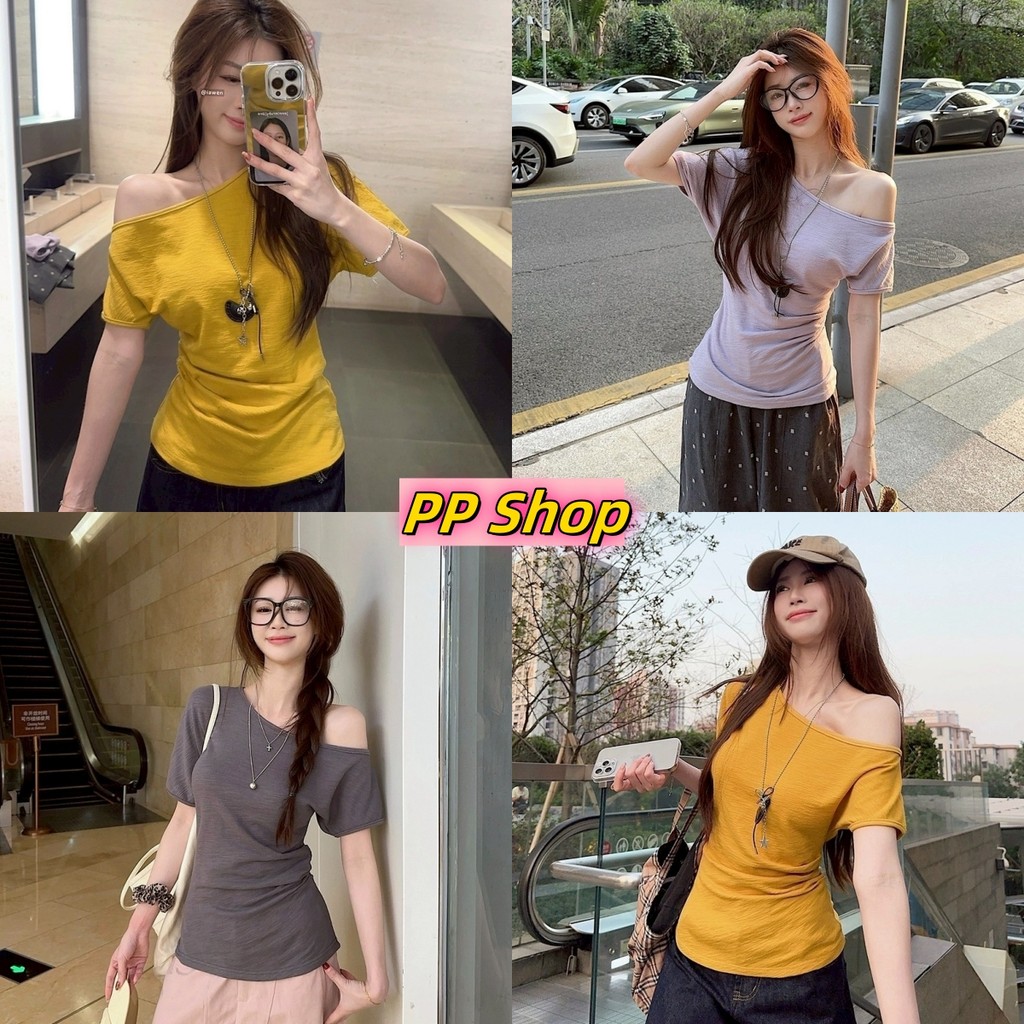 💜PP SHOP💜พร้อมส่ง เสื้อยืด แขนสั้นผ้าไหมพรมสีสดใส สีพื้น เปิดไหล่เล็กน้อย สไตล์เกาหลี เข้ารูป สําหรั