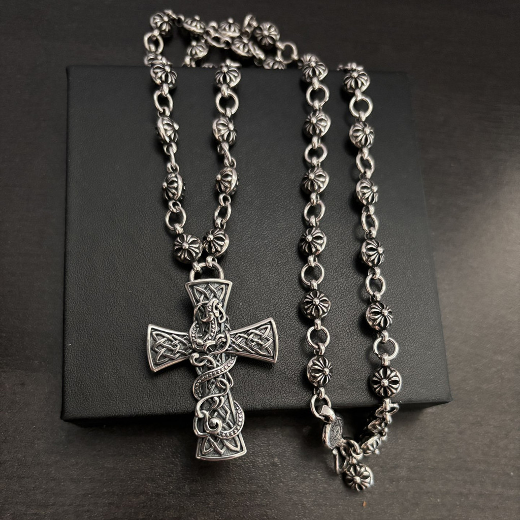 CH เงิน 925 60 ซม. Celtic Dragon Vine Cross สร้อยคอ Vintage Punk Gothic Rock อุปกรณ์เสริม Street Hip Hop คู่เครื่องประดับ 5163