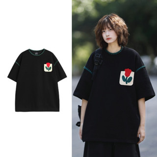 SUIKONE ซุยโคเนะ เสื้อยืดแขนสั้นแบบอเมริกันย้อนยุค ปักแพทช์ …