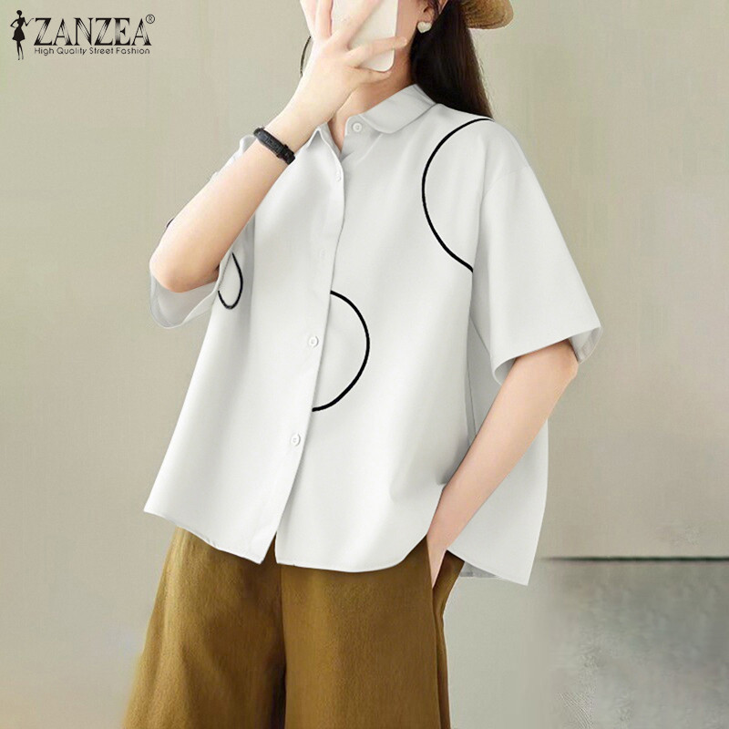 ZANZEA เสื้อแฟชั่นคอปกแขน3/4 หลวม พิมพ์ลายเกาหลีสำหรับผู้หญิง ราคา ถูกที่สุด ดีลบีเคเค แกลเลอรีภาพที่ 5