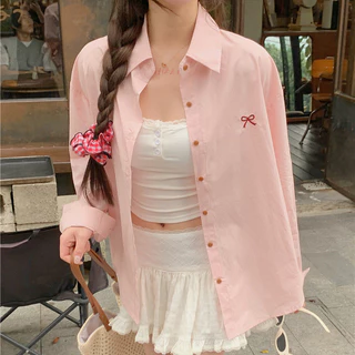 5 สี เสื้อเชิ้ตแขนยาว เสื้อยืดผู้หญิง สีพื้น ปักลายโบว์