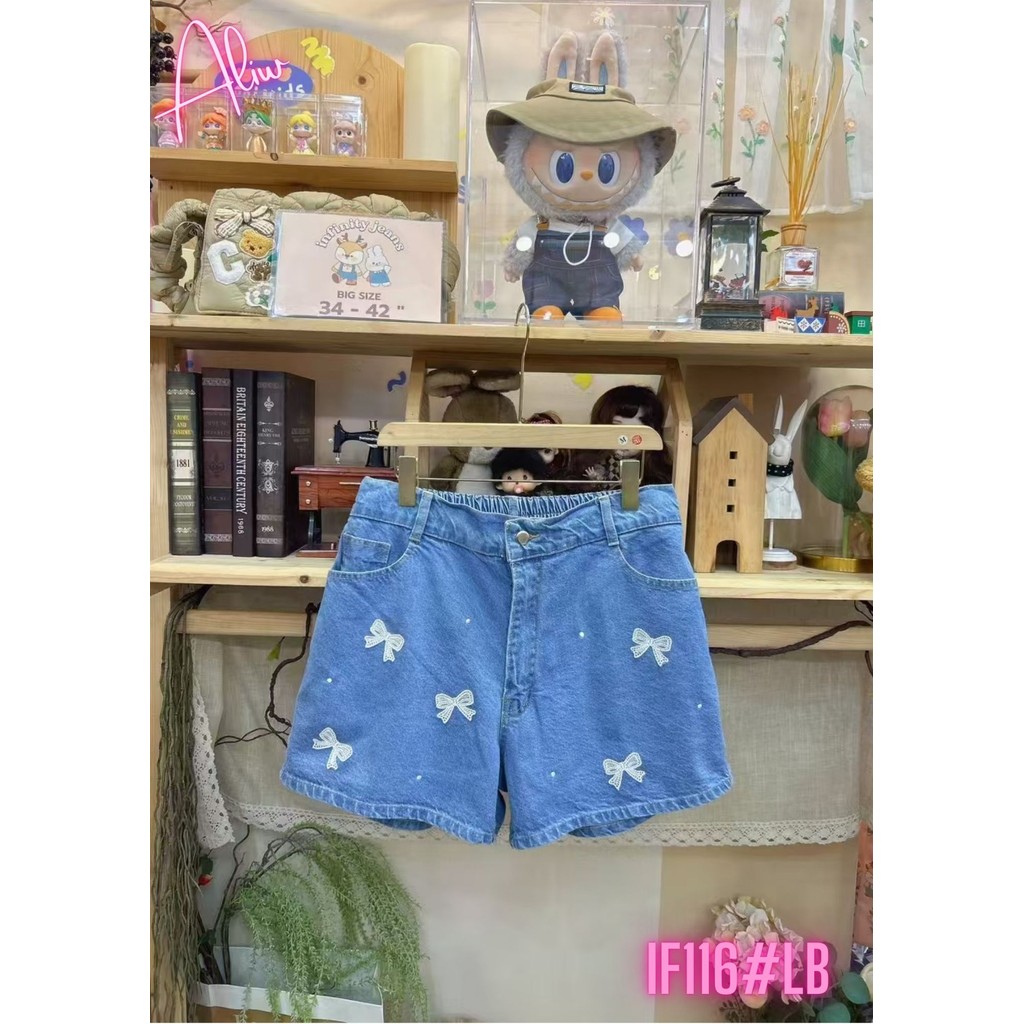 PLUS ขนาดกางเกง [ยาง EMBROIDER PATTERN กางเกงยีนส์สั้นกางเกง ] IF116LB IF เข็มขัดสั้นกางเกงขาสั้น