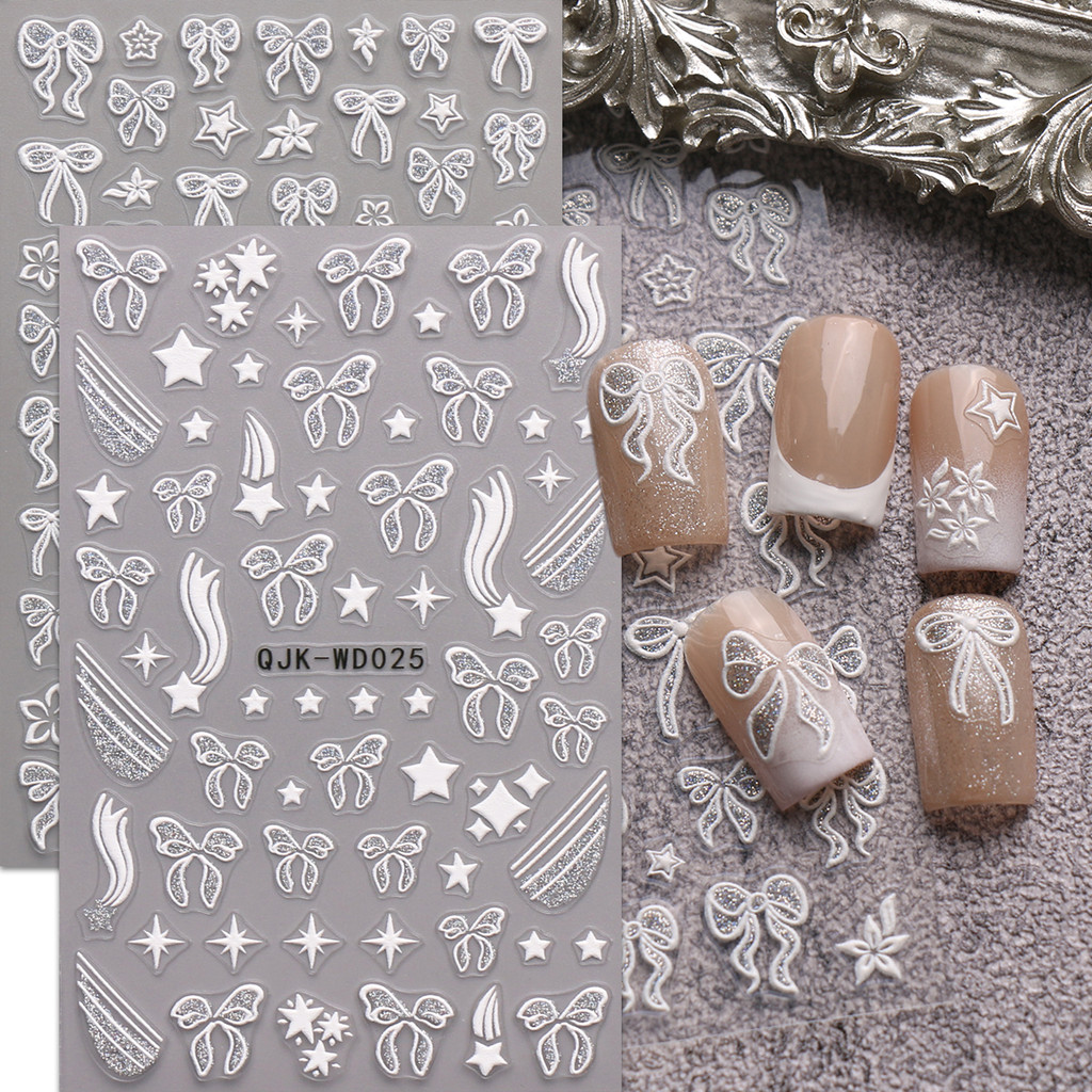 HAMA เล็บนูนเล็บสติกเกอร์ขายส่ง Bow Heart เล็บตกแต่ง Glitter สติกเกอร์ Decals ฤดูใบไม้ผลิเล็บเจ้าสาวเล็บงานแต่งงานเล็บ