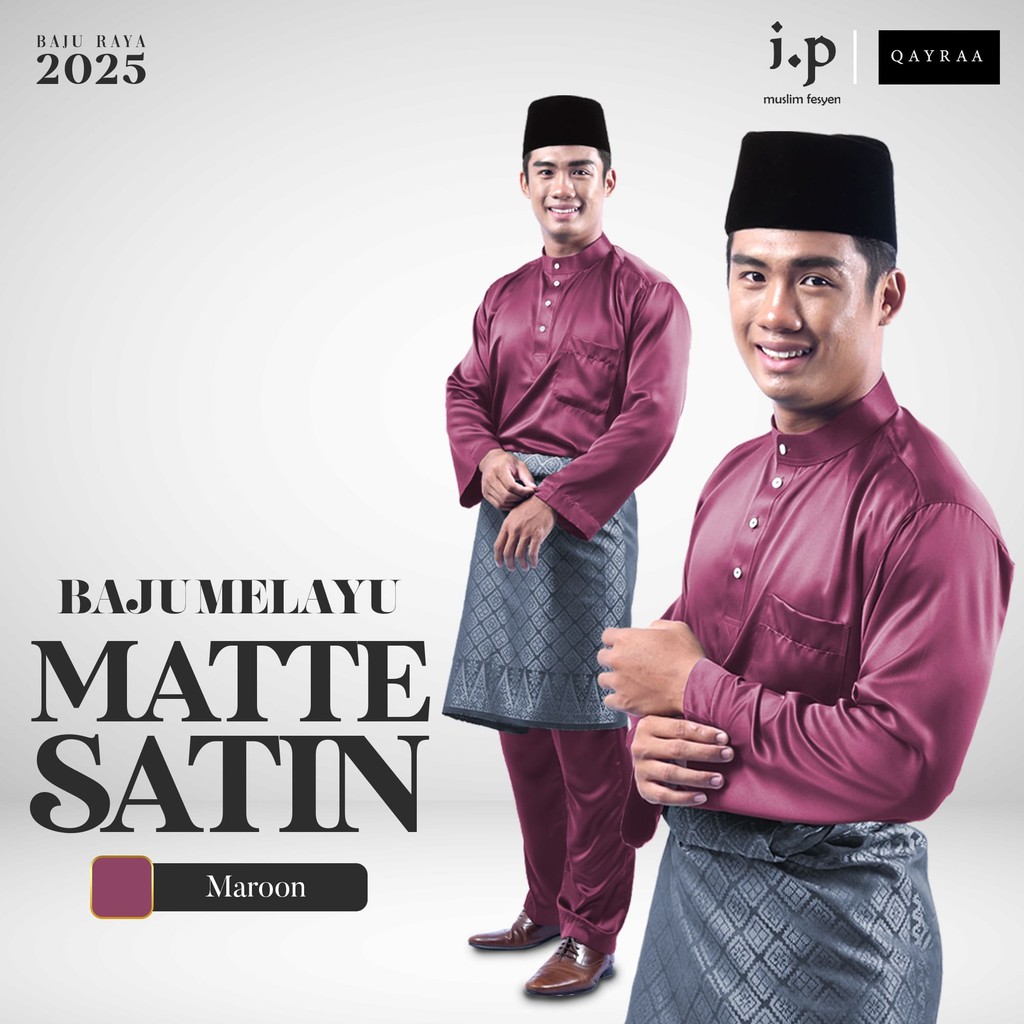 ไอพีมุสลิม⚜เสื้อมาเลย์ตัด Matte Satin Slim - Maroon/Size XS-4XL/เสื้อ Raya ผู้ใหญ่/เสื้อ Seeddon Fam