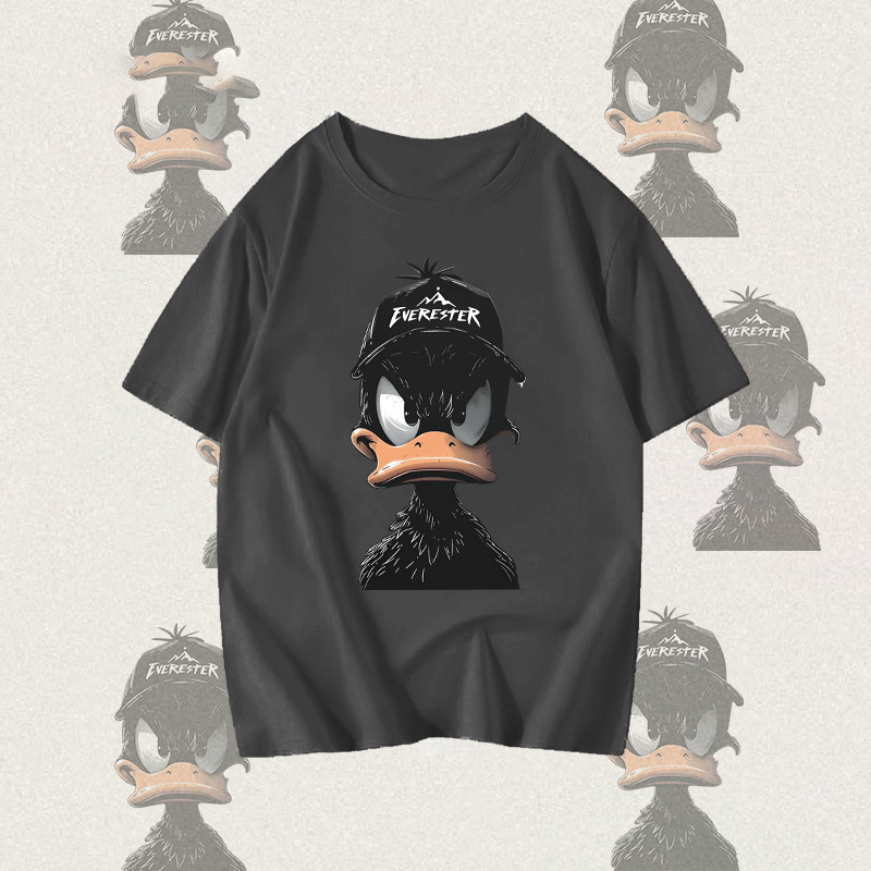 (จัดส่งตลอด 24 ชั่วโมง)Woo Right รุ่น Duck เสื้อยืดผ้าสีเทา oversize เสื้อยืด oversizeลายการ์ตูน สไตส์อเมริกา