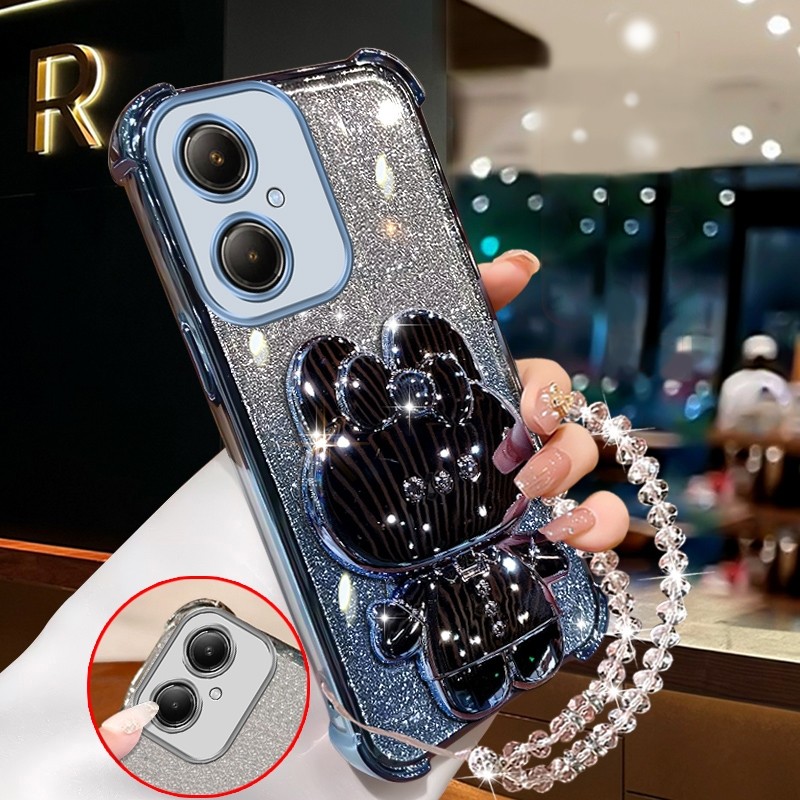 เคสสําหรับoppo A3 pro 5g OPPO A3X A3 สีชมพูประกายเคสโทรศัพท์กันกระแทกกระต่ายกระจกแต่งหน้าพร้อมที่วางซิลิโคนTPU Soft case XXXDA - รูปที่ 3