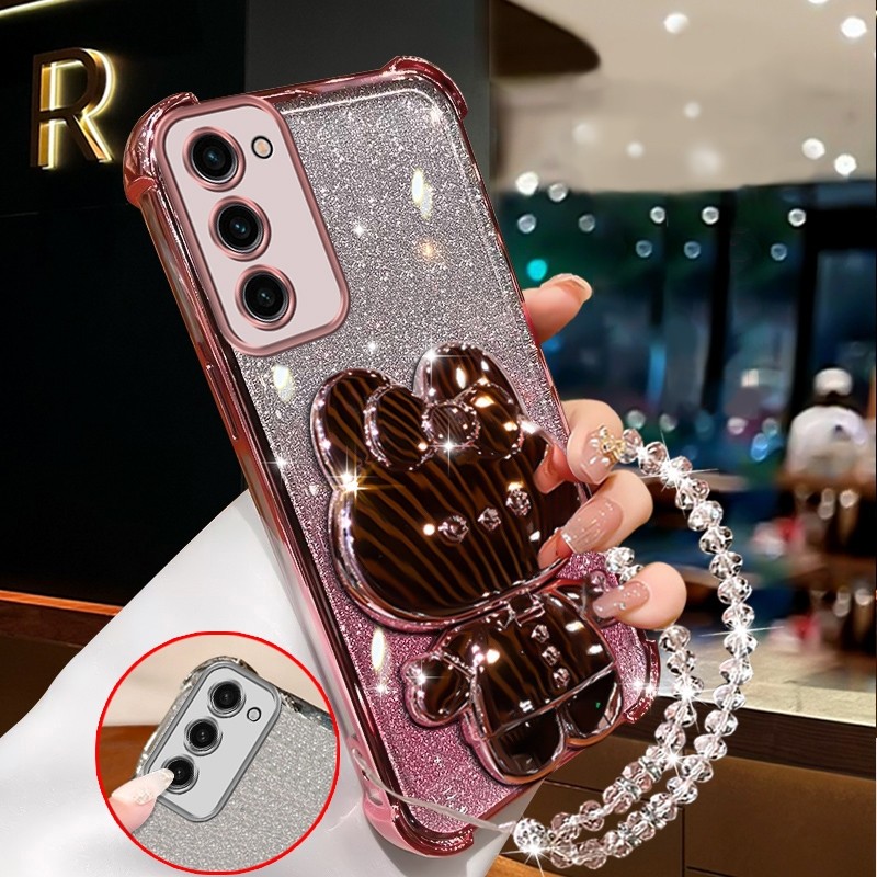 SAMSUNG เคสสําหรับsamsung s21 fe s21 ultra s21 plus Soft Clearสี่มุมหนาชุบซิลิโคนเคสโทรศัพท์กระต่ายกระจกแต่งหน้าพร้อมที่วางซิลิโคนกรณีXXXDA