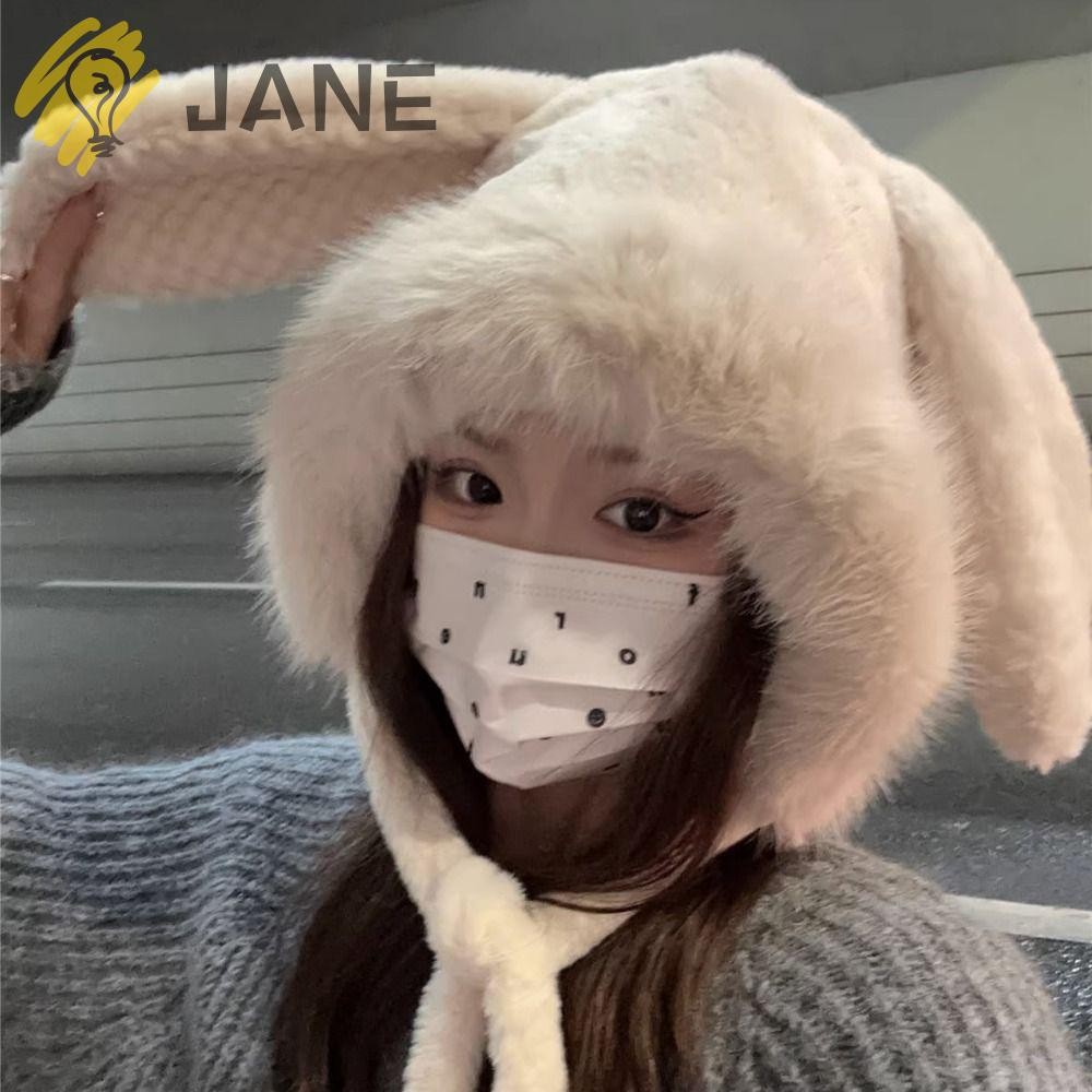 เจน หมวกหูกระต่ายใหญ่,หมวกป้องกันหูตุ๊กตาน่ารักอบอุ่น,หมวกถังขนสัตว์ฤดูหนาวหนานุ่มผู้หญิง