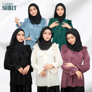 เสื้อแฟชั่นแขนยาว สวมใส่สบาย ดีเทลผูกโบว์ แต่งระบายไหล่สุดน่ารัก สีพื้นเรียบๆดูสุภาพ DG53วาริสมุสลิม