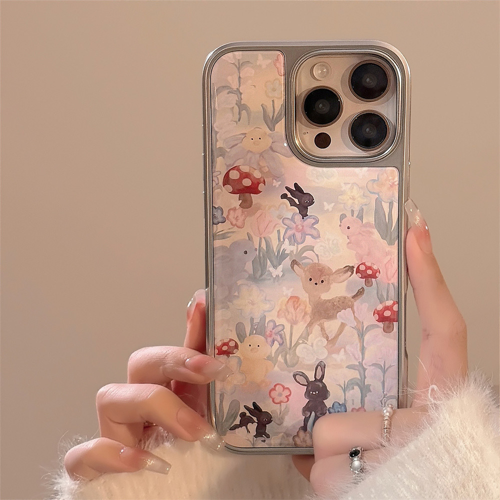 กรอบเงินเรียบง่ายแบบเต็มหน้าจอ ภาพวาดกระต่ายกวางน่ารักเหมาะสําหรับ ไอโฟน15โปรแม็กซ์ เคสโทรศัพท์มือถือ 14 3 15 16 มือโปร สูงสุด เคสป้องกันฮาร์ดฝา