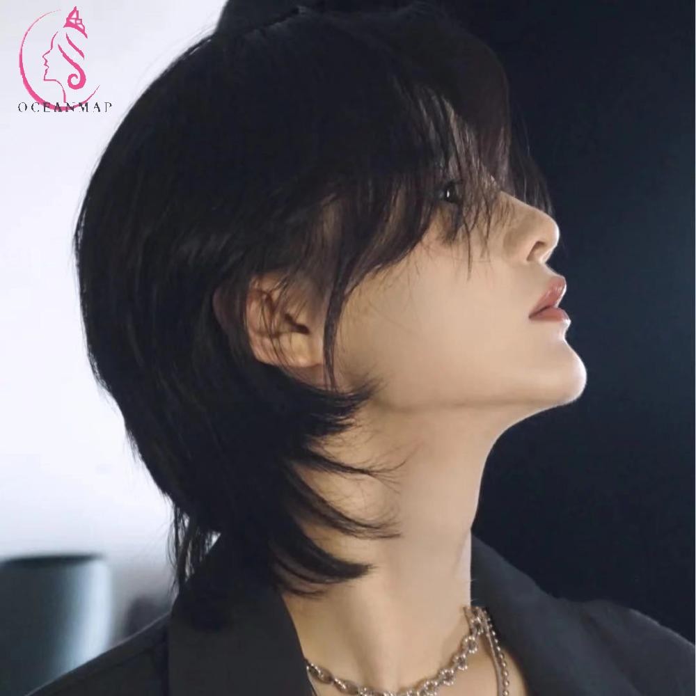 Oceanmap Mullet Head Wigs พร้อม Bangs, สังเคราะห์ทนความร้อนวิกผมคอสเพลย์ยาว, ฮาโลวีนสีดํา Fluffy ตรงอะนิเมะผู้ชายวิกผม Party
