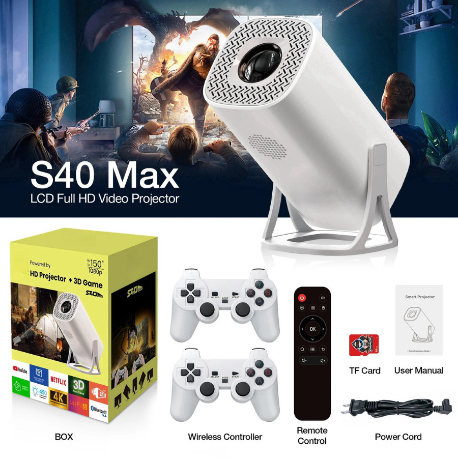 โปรเจคเตอร์ Game Projector S40 Max เชื่อมต่อ มือถือ WIFI บลูทูธ 4K Android11.0 + Join 3D games