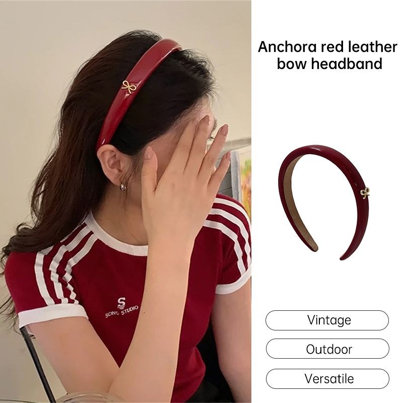 besla.th ที่คาดผมหนังสีแดง ที่คาดผมโบว์บรรยากาศ เครื่องประดับผมวินเทจระดับไฮเอนด์