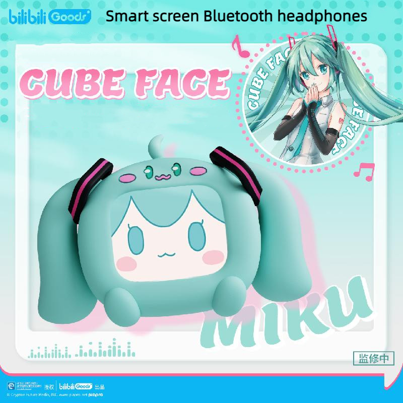 Bilibili ชุดหูฟังบลูทูธไร้สาย 2024 Hatsune Miku CUBE FACE หน้าจอสัมผัส LCD ชุดหูฟังบลูทูธไร้สาย True
