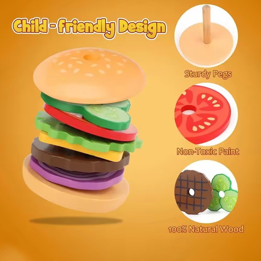 ของเล่นแฮมเบอร์เกอร์ไม้ ชุดของเล่นทำอาหารแซนด์วิช DIY เสริมพัฒนาการเด็กMontessori ราคา ถูกที่สุด ดีลบีเคเค แกลเลอรีภาพที่ 5