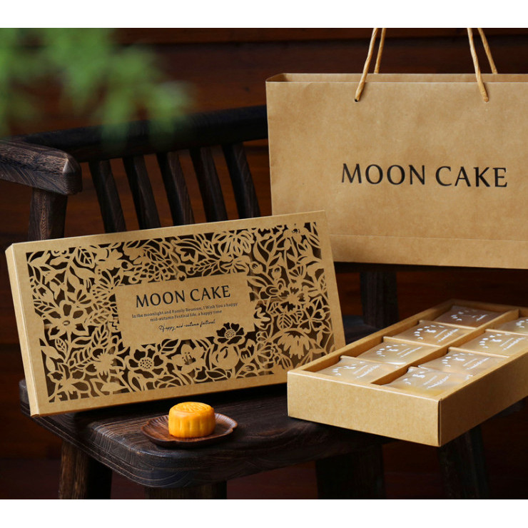 กล่องเค้ก  ขนมไหว้พระจันทร์  8 ช่อง  ฝาครอบฉลุดอกไม้+ถุงหูหิ้ว (MOON223)