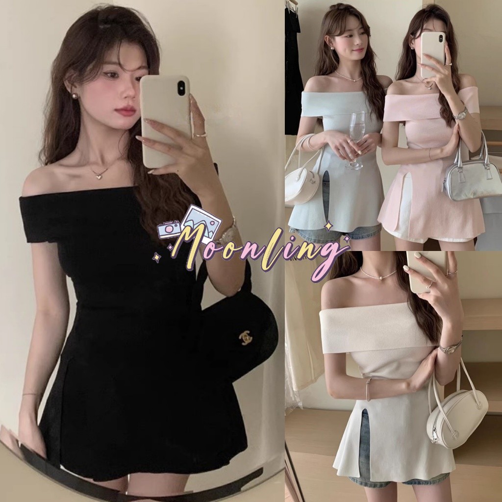 Moonling พร้อมส่งจากไทย เสื้อไหมพรมเปิดไหล่ เซ็กซี่ ใส่สบาย แขนสั้น ดีเทลปลายปล่อยแหวกข้าง *792* – โปรปัง