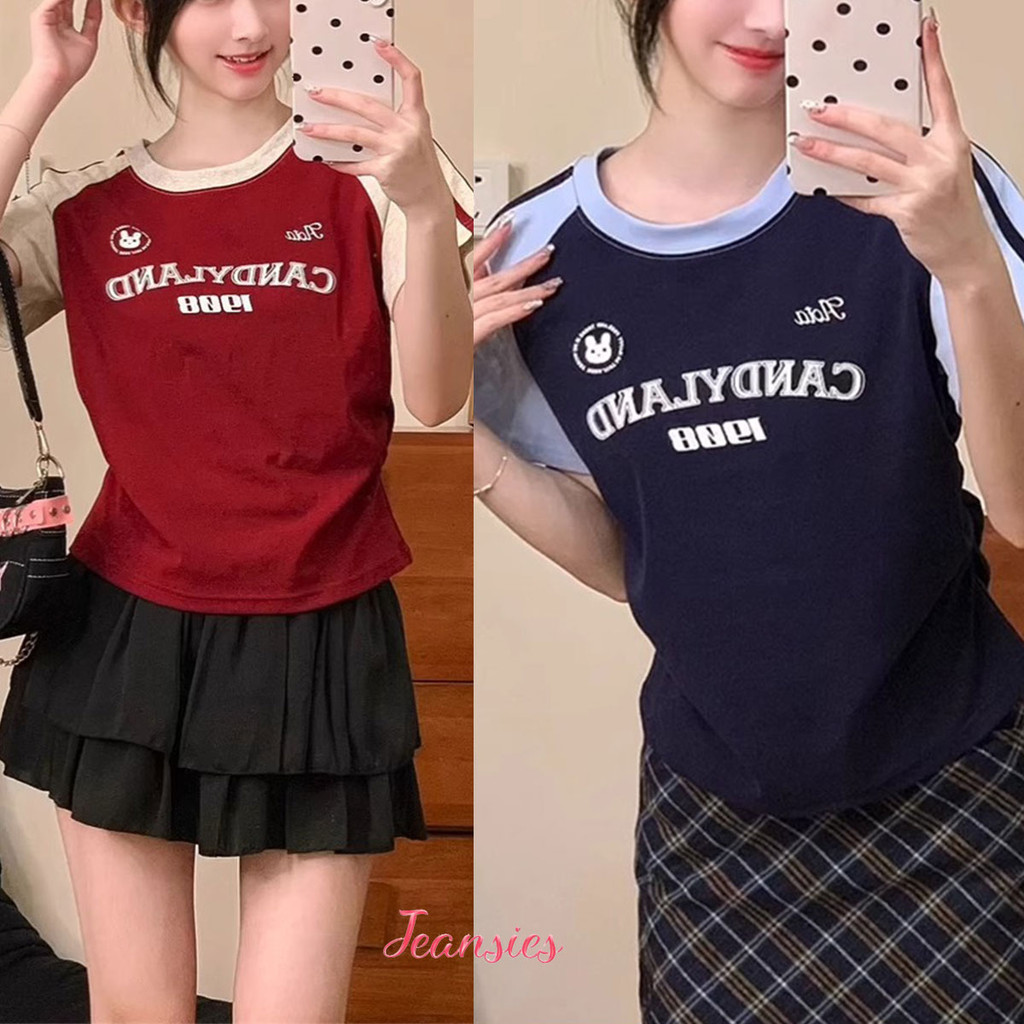 เสื้อยืดแขนสั้น ผ้าฝ้าย ทรงสลิม ดีไซน์สีตัดกัน