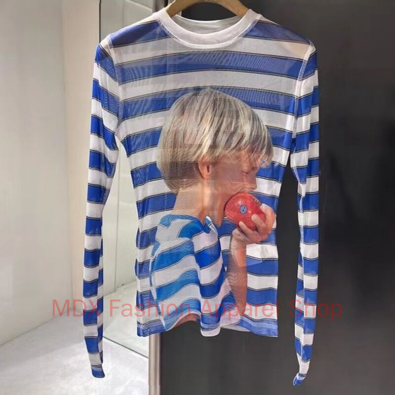 Apple Boy เสื้อยืดแขนยาวพิมพ์ลายเฉพาะตัวสำหรับผู้หญิง สไตล์.slim fit mesh top