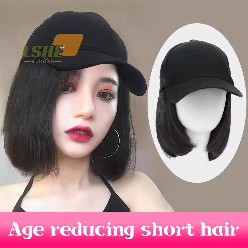 [LSHE] วิกผมสังเคราะห์เบสบอลบ๊อบวิกผมหมวกสีดําหมวกวิกผมพร้อมผมธรรมชาติเชื่อมต่อบ๊อบผมหมวกเบสบอลปรับใหม่