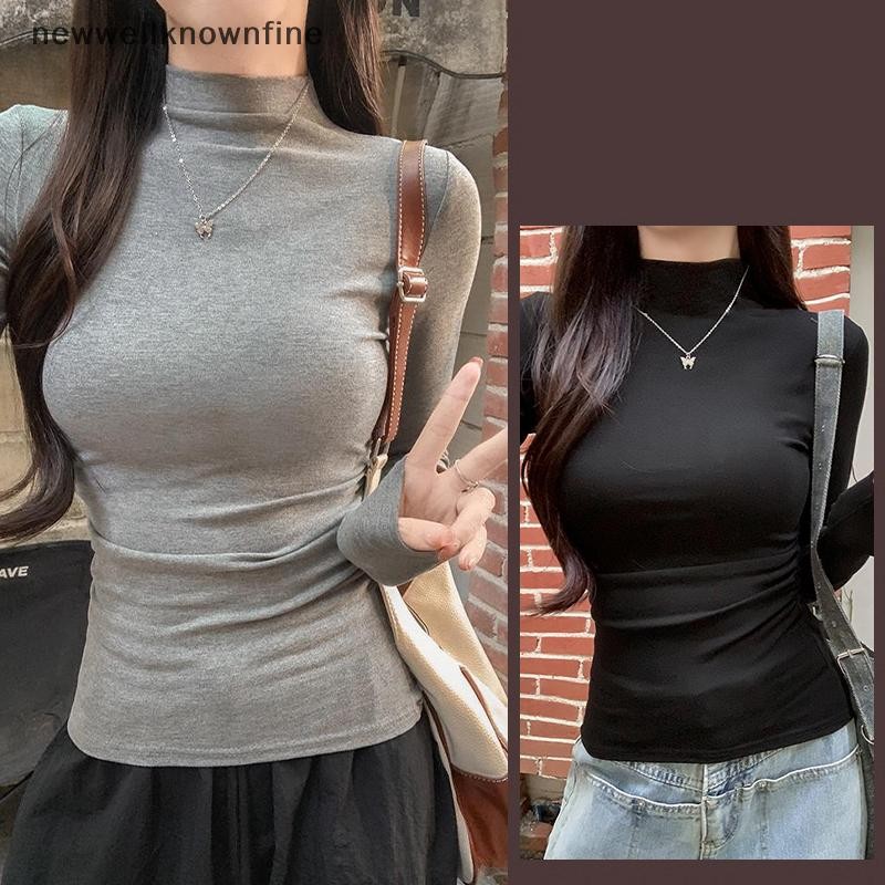 Newwellknownfine สีทึบแฟชั่น Slim Fit ครึ่งคอเต่าแขนยาวเสื้อยืด Bottoming เสื้อ COD