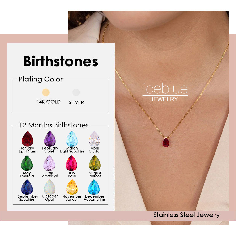 iceblue-Birthstone สร้อยคอผู้หญิง Water Drop จี้ 18K Gold Plated กันน้ํา Non Tarnish เครื่องประดับสแตนเลสไทเทเนียมของขวัญ N28
