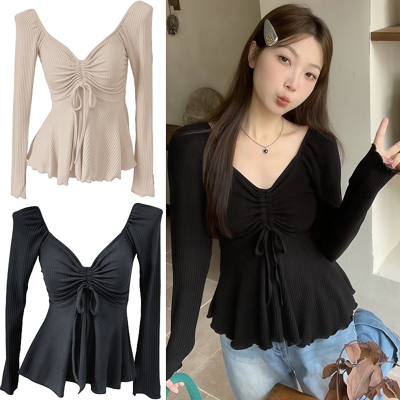 Chic พร้อมส่ง เสื้อแขนยาว คอวี สำหรับผู้หญิง สไตล์เกาหลี ดีเทลแต่งเชือกรูดอก แอบเซ็กซี่เบาๆ งานผ้าร่อง ใส่สบายมาก