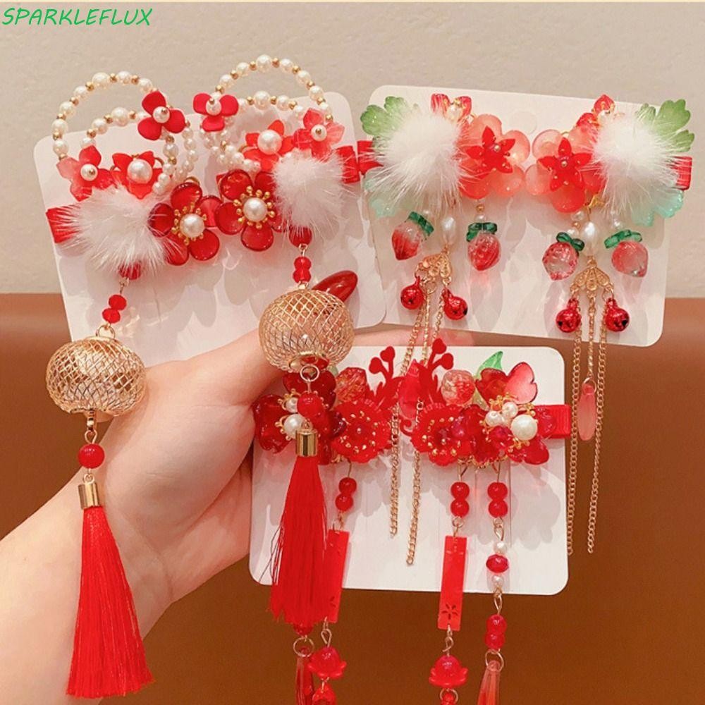 Sparkleflux เด็กกิ๊บสีแดง,พู่ดอกไม้ตรุษจีน Headwear,น่ารัก Bow Tang ชุดคลิปผม Bowknot Hanfu Hairpin เด็ก
