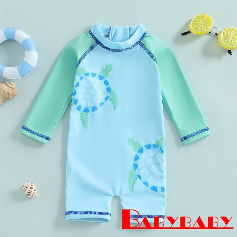 Bab-toddler Boys Rash Guard ชุดว่ายน้ําเต่าพิมพ์แขนยาวรอบคอชุดว่ายน้ําสําหรับฤดูร้อน