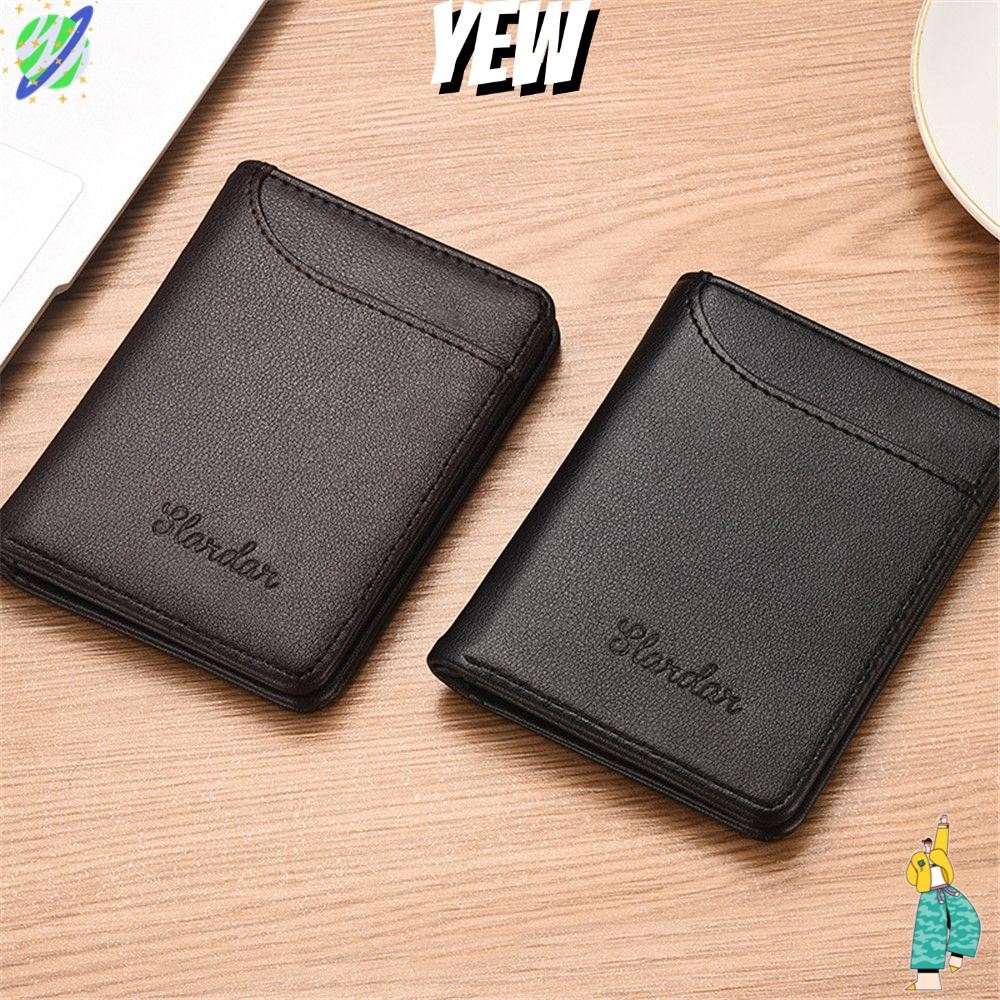 Yew กระเป๋าหนังสั้น Slim PU หนังกระเป๋าสตางค์บาง Bifold Money Clip