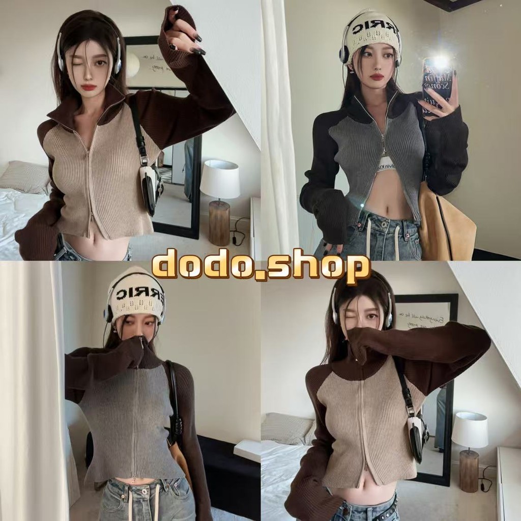 DODO⭐️สินค้าพร้อมส่ง⭐️เสื้อแขนยาวคอสูง ผ้าไหมพรมสีตัดแต่งซิปเท่ๆสไตล์เกาหลี(12383)