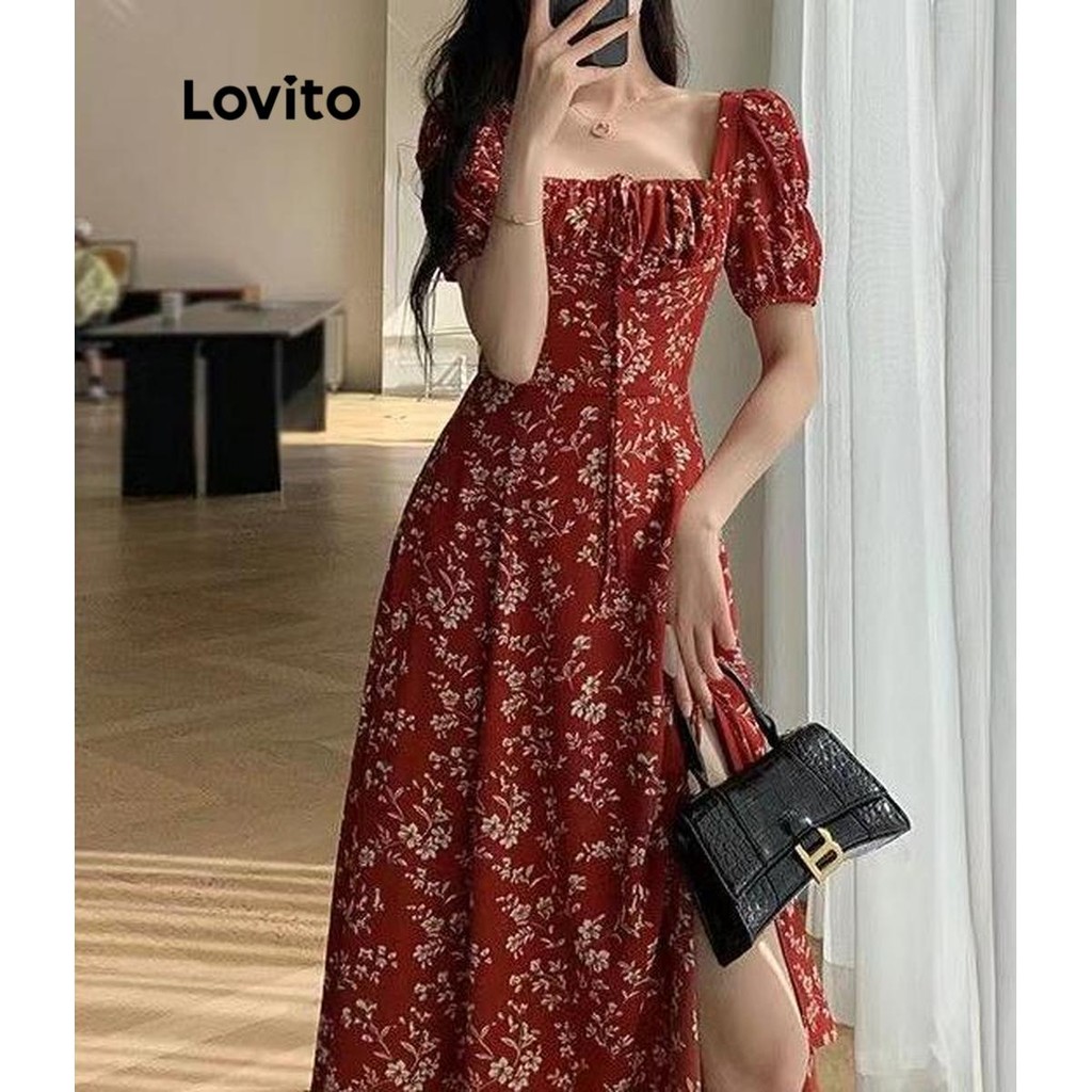 Lovito ชุดเดรสผู้หญิง ลายดอกไม้ สไตล์หรูหรา LNE43214
