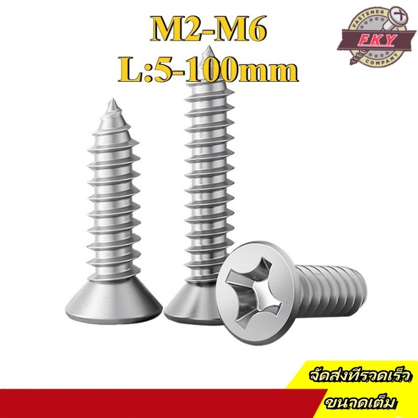สกรูเกลียวปล่อย สแตนเลส 316 หัวเตเปอร์ หัวเรียบ แฉก F+ น็อต สกรู เกลียวปล่อย ปลายแหลม Flat Head Phillip Tapping Screw SUS316 M2/M2.2/M2.6/M3/M3.5/M4/M5/M6 * L5-100 มม. (FKY-RM-TH-1)