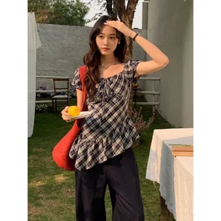 เสื้อย้อมยุคสไตล์ฝรั่งเศสรองลายสก๊อต สไตล์ฤดูร้อน แขนสั้น