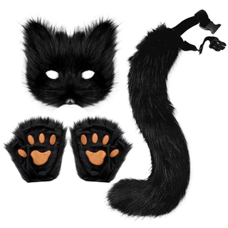 ขนปุย Fox Tail Cat Paws ถุงมือและหู Headwear Face Mask คอสเพลย์เครื่องแต่งกาย Wolf Therian หน้ากากชุด Halloween Party Accessorie
