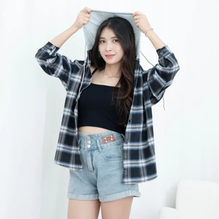 ccute พร้อมส่ง เสื้อแขนยาว ฮู้ด ลายสก๊อต ฟรีไซส์ เชือกรูด กันแดด สไตล์เกาหลี
