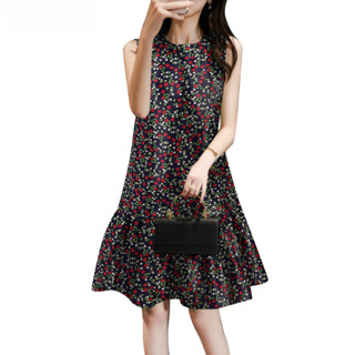 ชุดเดรสเกาหลีผู้หญิง แขนกุด หางปลา ลายดอกไม้ ความยาวถึงเข่า