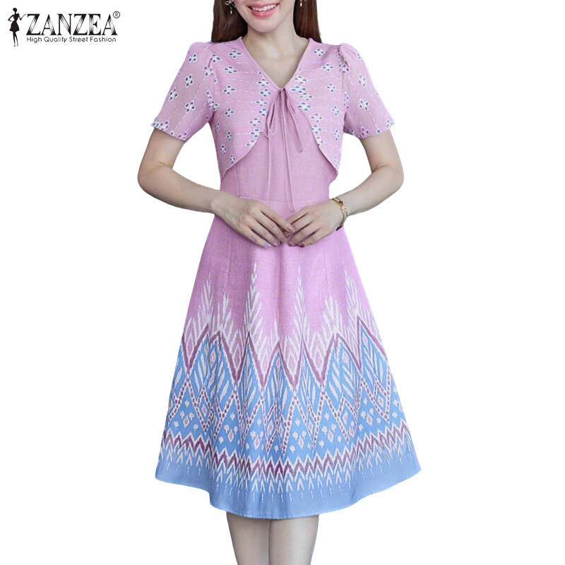 ZANZEA ชุดเดรสเกาหลีสำหรับผู้หญิง แขนสั้น ลูกไม้ พิมพ์ลายชาติพันธุ์