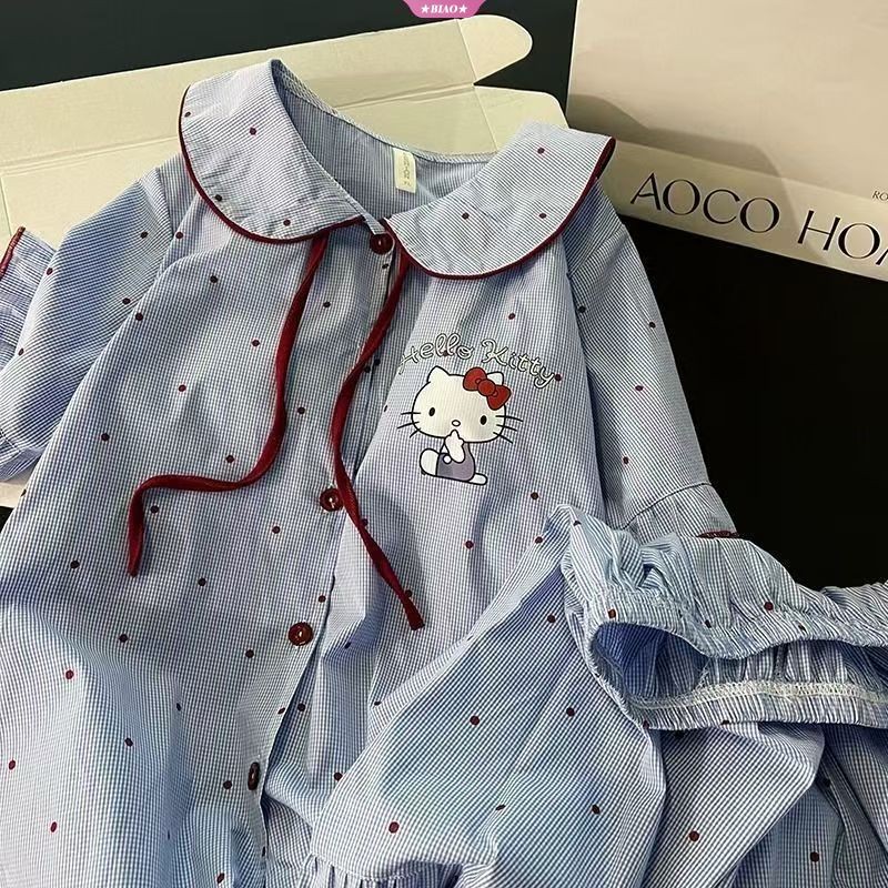 HelloKitty Polka Dot Sweet Pajama ชุดนอนแขนสั้นสำหรับผู้หญิง สไตล์น่ารัก สวมได้ทั้งในและนอกบ้าน