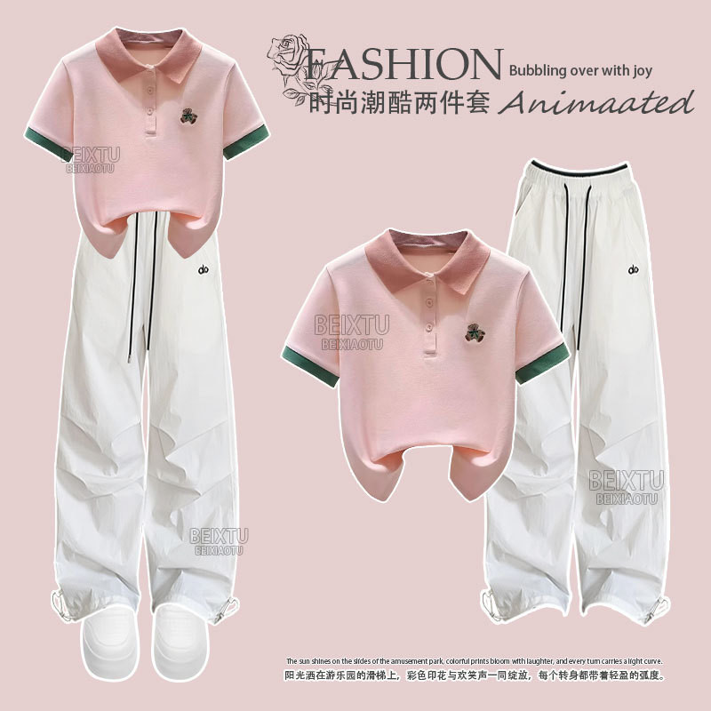 ขาย ดี3-15-ชุดสาวปีฤดูร้อนใหม่สบายๆโปโลเสื้อแขนสั้น+ชุดเอี๊ยมสองชิ้น