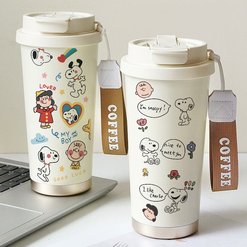 สนูปปี้ ฉนวนถ้วยกาแฟน่ารักการ์ตูน สนูปปี้ ถ้วยฟาง 316 สแตนเลสความจุขนาดใหญ่แบบพกพาป้องกันการรั่วขวดน้ําดื่มคู่สํานักงานรถน้ําแข็งถ้วย