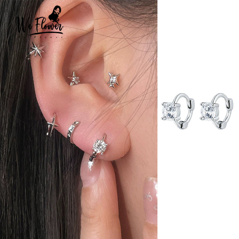 We Flower Elegant s925 Silver Crystal Cube Charm Hoop ต่างหูสําหรับผู้หญิงสาวแฟชั่นหูวงกลมเครื่องประดับอุปกรณ์เสริม