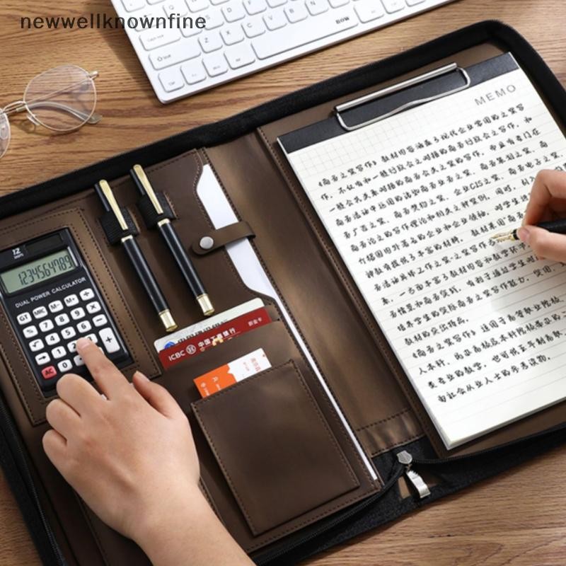 Newwellknownfine มัลติฟังก์ชั่น A4/A5 PU หนัง Portfolio สําหรับเอกสารกระเป๋าซิปพร้อมเครื่องคิดเลขปากกา Man เขียนกระเป๋าเอกสาร Office COD