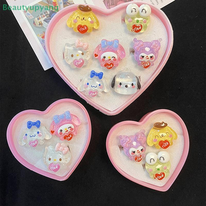 SANRIO [Beautyupyang] แหวนซานริโอ Kuromi Hello Kitty My Melody Kawaii อะนิเมะ Cinnamoroll เปิดแหวนปรับได้พร้อมกล่องรักสาวหัวใจตกแต่งของเล่นของขวัญ