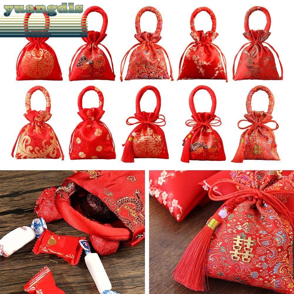 Yuang Drawstring Candy Bag, ผ้าสีแดงผ้าไหม Fu Bag, 2024 ปี Lucky Bags จีน Knot Red Candy Bag Party Supplies