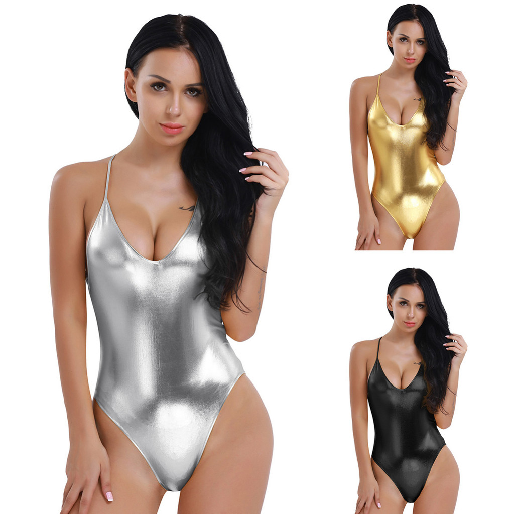Nikiikoo ผู้หญิงผู้ใหญ่สิทธิบัตรหนังสปาเก็ตตี้สายรัดไหล่ลึก V One Piece Thong Monokini Bodycon Dance Leotard