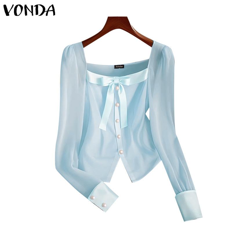Vonda ผู้หญิงเกาหลีคอสี่เหลี่ยมหรูหราสีทึบ Splicing เสื้อแขนยาว