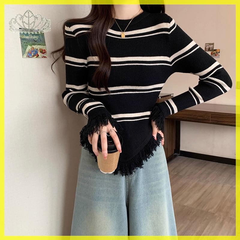 Daisy Irregular Striped sel ถักฤดูใบไม้ร่วงผู้หญิง Slim Fit Chic เสื้อกันหนาวคอกลม TH